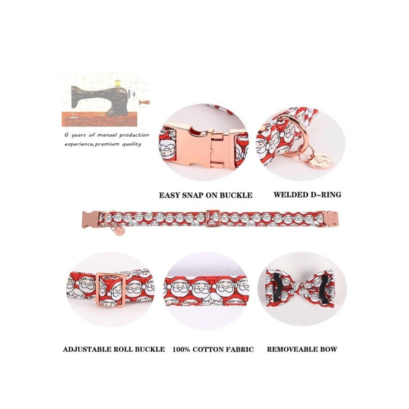 DOGWONG Red Christmas Dog Collar with Bowtie, Santa Claus Christmas Dog Collar - Picture 2 of 9